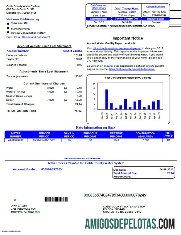imprimível Modelo de conta de serviços públicos do sistema de água do condado de Cobb dos EUA em formatos Word e PDF
